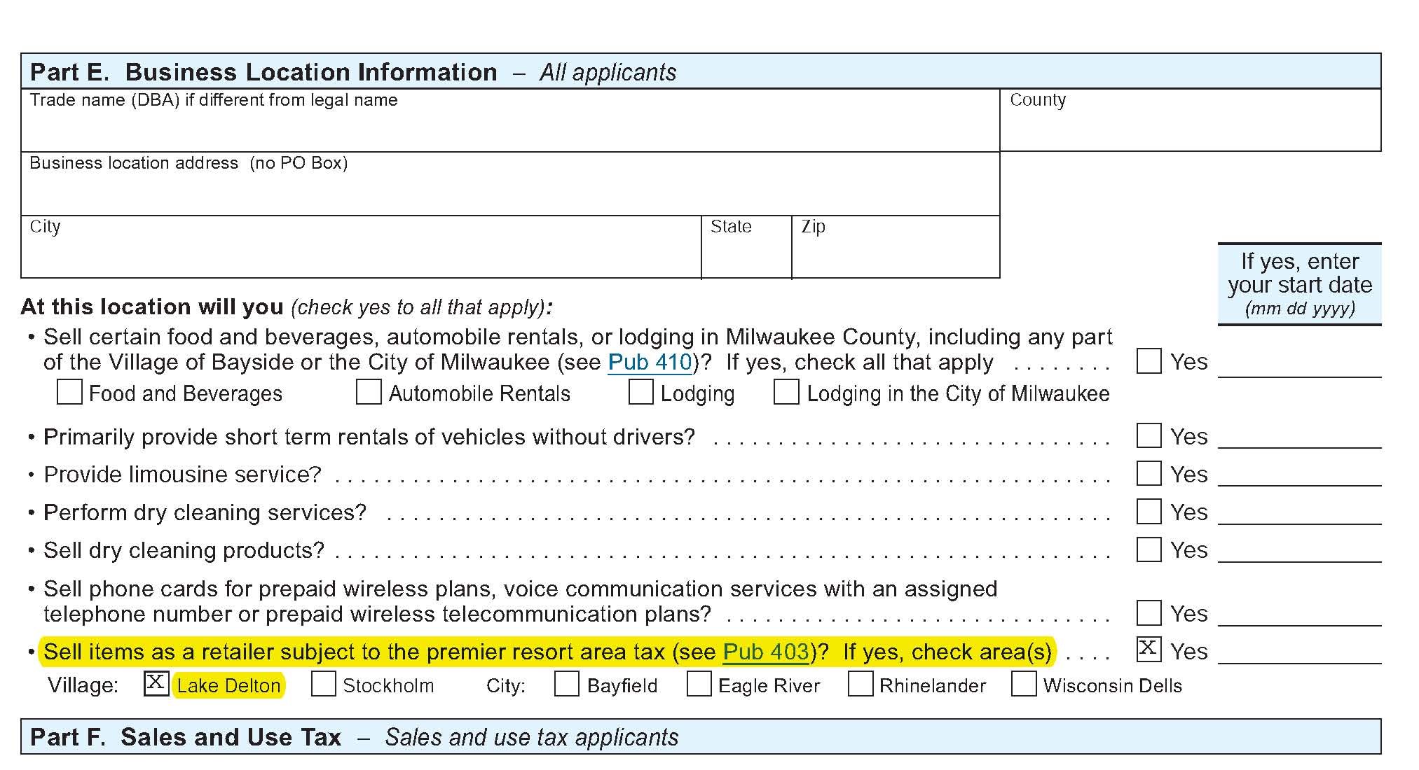 Part E - Buisness Location Informaiton